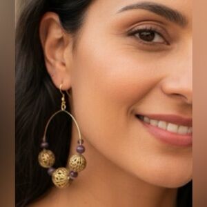 Bohemian Gold Filigree Hoop Earrings with Purple Cat's Eye Beads